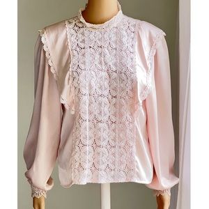 SONYA RATAY SAN ANDRE Vintage satin light pink balloon sleeve lace blouse